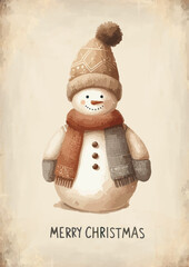 Wall Mural - Watercolor snowman with christmas giftbox vector illustration.