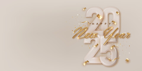 Wall Mural - 2025 Happy New Year festive horizontal banner template. Greeting Christmas card design with congratulations. Realistic golden metal lettering with confetti