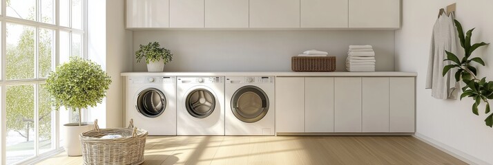 Aufkleber - This contemporary laundry room showcases sleek cabinetry, built-in laundry appliances, and a basket filled with freshly washed clothes. Generative AI