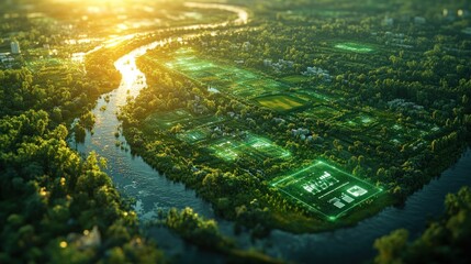 Canvas Print - Aerial view of a city with green technology infrastructure and a river running through it at sunset.