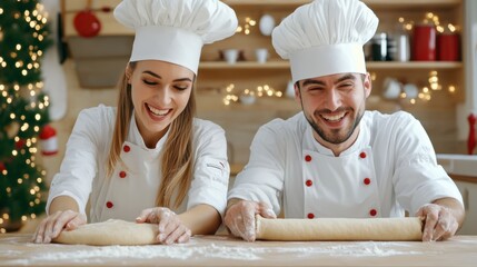 Wall Mural - A man and woman in chef hats rolling dough for a christmas cookie, AI