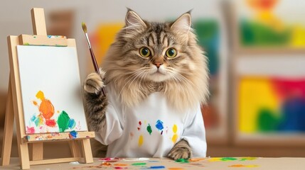 Sticker - A cat is holding a paint brush and painting on an easel, AI