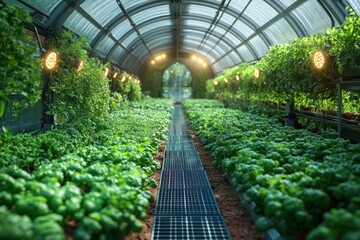 Poster - A greenhouse with rows of green plants growing under lights.