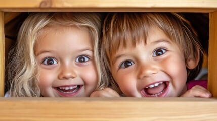 Canvas Print - Two little girls peeking out of a wooden box with smiles on their faces, AI