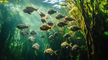 Wall Mural - Underwater Scene with School of Fish in Aquatic Plants