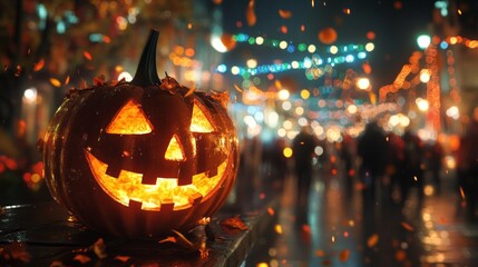 A pumpkin with a smiley face on it is sitting on a sidewalk