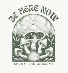 Wall Mural - .Retro 70's psychedelic hippie mushroom illustration print with groovy slogan for man - woman graphic tee t shirt or sticker poster - Vector
