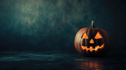 Canvas Print - Halloween pumpkin on dark backdrop with blank space for text