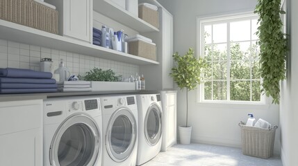 Wall Mural - A modern, well-organized laundry room featuring a washer, dryer, and shelving for laundry supplies, all in a clean, fresh design.