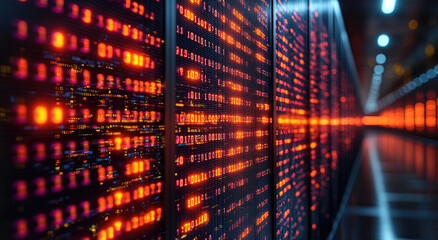 Close-up of a computer screen with orange and blue text. The background is blurred to show depth of field. Created with Ai