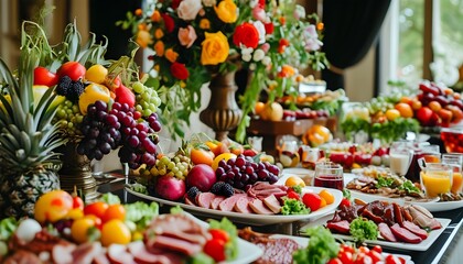 Elegant wedding catering display featuring a variety of meats, vibrant fruits, and fresh vegetables in a luxurious hotel setting