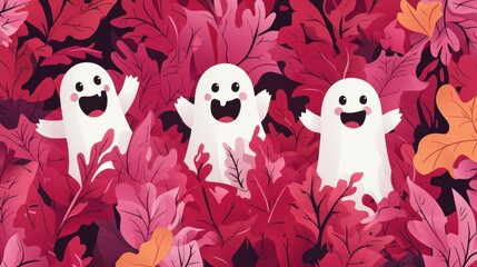 Wall Mural - Three white ghosts are standing in a field of red leaves