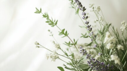 Wall Mural - A Close-Up of Lavender and White Flowers with Green Leaves Against a White Background