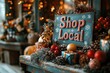 © Nova Widiawati - A rustic wooden sign with the words 'Shop Local' surrounded by Christmas decorations, including pine branches, red ornaments, pine cones, and small gifts.