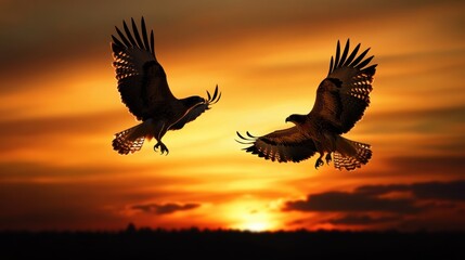 Wall Mural - Majestic Hawks Soaring Against Sunset Sky