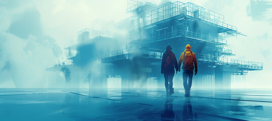 Two people walk towards a foggy industrial structure.