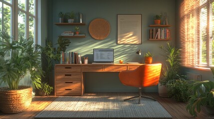 Sticker - A home office with a wooden desk, a laptop, an orange chair, and plants.