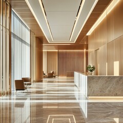 editorial style image of a modern financial services firm reception area. marble floors, natural light, light wood tones, corporate