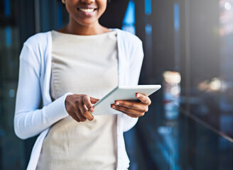 Canvas Print - Office, tablet and hands of business woman on balcony for networking, website and online research. Professional, corporate and worker on digital technology for planning, internet news and contact