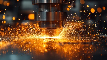 Wall Mural - Close-up of a metalworking machine cutting a metal sheet, sparks flying.