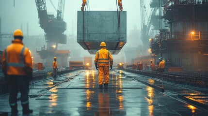 Canvas Print - Construction workers on a foggy day at a shipyard, looking up at a large concrete block being lifted by a crane.