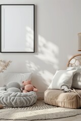 Wall Mural - Cozy Bohemian Living Space with Cushion Arrangement and Blank Frame