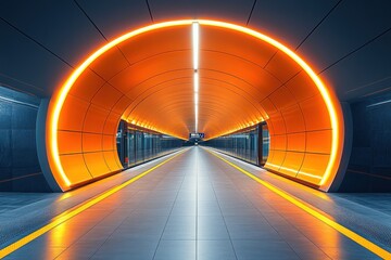 Canvas Print - A modern subway station with a bright orange archway and yellow lines on the floor.