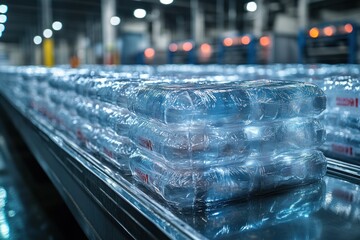 Sticker - A conveyor belt carries stacks of shrink-wrapped bottled water through a modern factory.