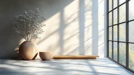 Wall Mural - Minimalist interior design with a wooden vase, a wooden stool, and a wooden platform.