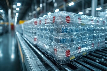 Sticker - A row of shrink-wrapped water bottles moves along a conveyor belt in a factory.