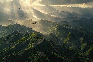 Canvas Print - Group of birds soaring above mountain peaks