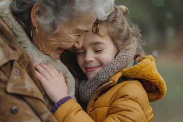 Canvas Print - A young girl hugs an older woman while standing together in the rain, capturing a moment of comfort and companionship