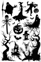 Wall Mural - A collection of spooky Halloween silhouettes on a white background, perfect for decoration or design use