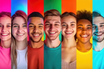 Sticker - A group of people posing together in front of a vibrant, multicolored backdrop