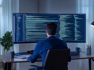 Wall Mural - A dedicated developer sits at a minimalist desk, immersed in lines of code on a large screen, with a coffee mug and reference books nearby, creating a productive atmosphere