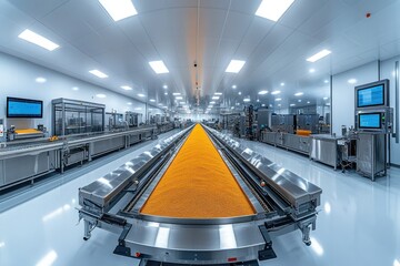 Wall Mural - A wide shot of a food processing factory with an orange product moving along a long conveyor belt.