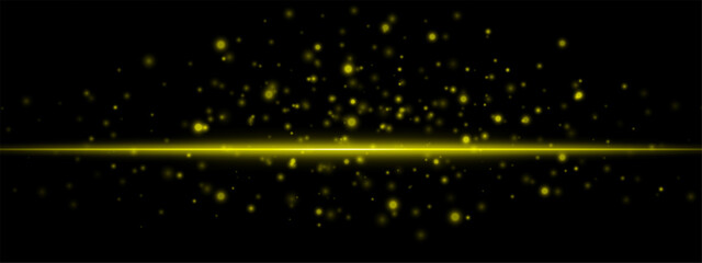 Horizontal yellow light effect isolated on dark background. Neon stripe with bright glowing lines and sparkling particles. Abstract rays. Vector illustration.