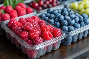 Poster - Close up of four containers of different fresh berries, including raspberries, blueberries, cherries and grapes.