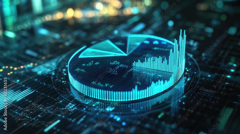 A digital 3D pie chart in blue and green hues, representing financial ...