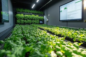 Poster - A modern indoor vertical farm with rows of leafy greens growing under artificial lighting.