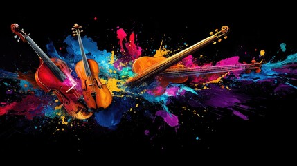 Various musical instruments surrounded by a colorful, abstract splash of paint on a black background, representing the creative flow of music.