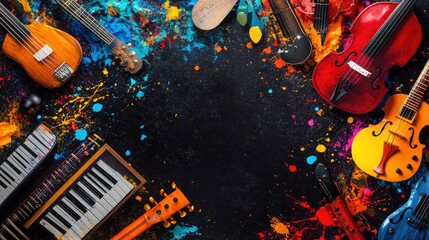 Various musical instruments surrounded by a colorful, abstract splash of paint on a black background, representing the creative flow of music.