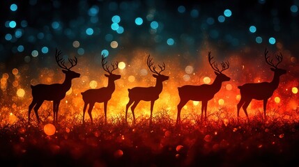 Wall Mural - Five reindeer silhouettes stand in a field against a background of colorful bokeh.