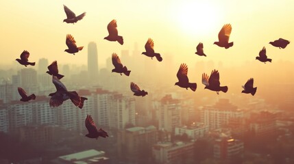 Wall Mural - Silhouetted Birds Flying Over an Urban Skyline at Sunset