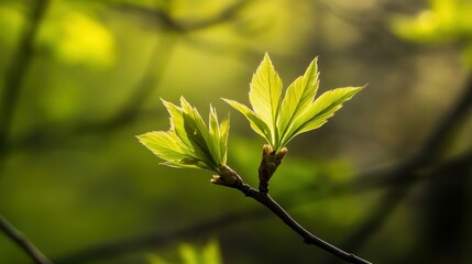 Wall Mural - Two New Green Leaves Emerging from a Branch in Sunlight