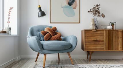 Wall Mural - A warm and inviting living room with a blue chair