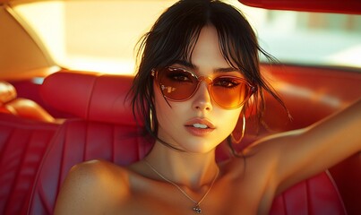 Wall Mural - A young woman wearing sunglasses sits in the backseat of a car with the sun shining on her face.