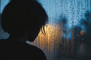 Aufkleber - A lone figure stands beside a window, watching raindrops slide down the glass as evening light fades into a mood of introspection. Generative AI