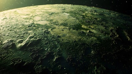 Distant Planet Surface with Craters and Greenery