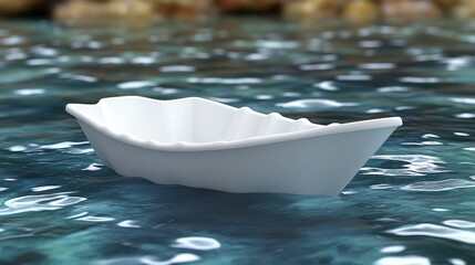 A graceful white boat floating on tranquil blue water, surrounded by shimmering reflections and natural beauty.